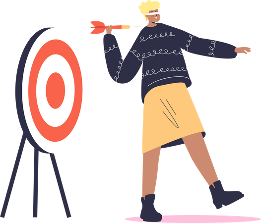 Blindfolded woman holding arrow and looking to target in wrong direction  Illustration