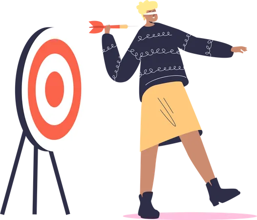 Blindfolded woman holding arrow and looking to target in wrong direction  Illustration