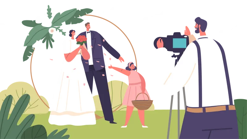 Blissful Bride And Groom Characters Strike Elegant Poses Capturing Love And Joy In Their Wedding Photos At Garden Creating Cherished Memories Of Their Special Day Cartoon People Vector Illustration Illustration