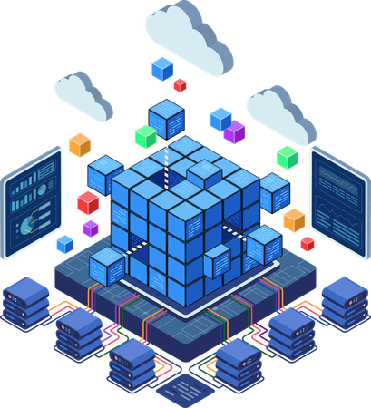 Bloc de centre de données avec serveurs et cloud computing  Illustration