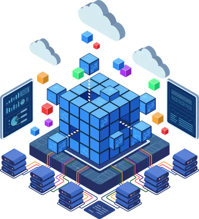 Bloc de centre de données avec serveurs et cloud computing  Illustration