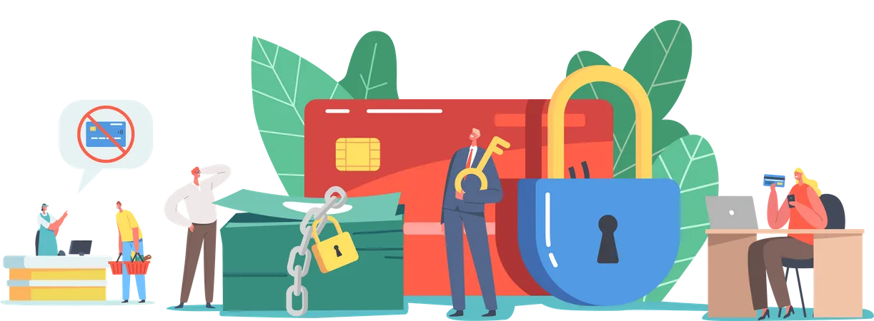 Tiny Male And Female Characters At Huge Blocked Credit Card And Lock On Money Pile Payment Block In Supermarket Or During Online Shopping Process Bank Ban Concept Cartoon People Vector Illustration Illustration