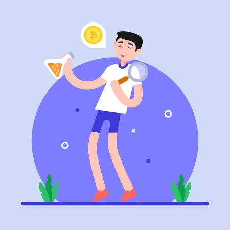 Person With Bitcoin And Chemical Flat Illustration Of Bitcoin Experiment Illustration