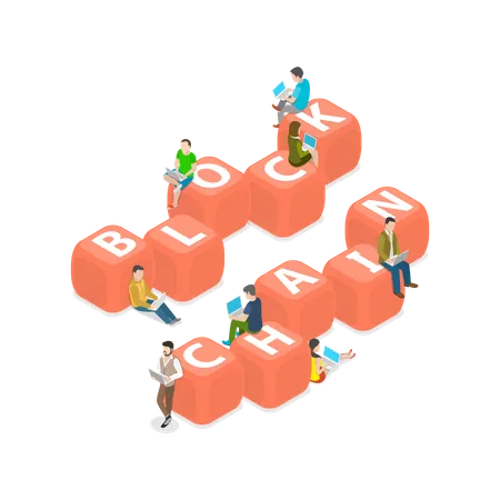 Blockchain flat isometric vector concept. People with the laptops are sitting on and around the blocks with the letters BLOCKCHAIN on them.  Illustration