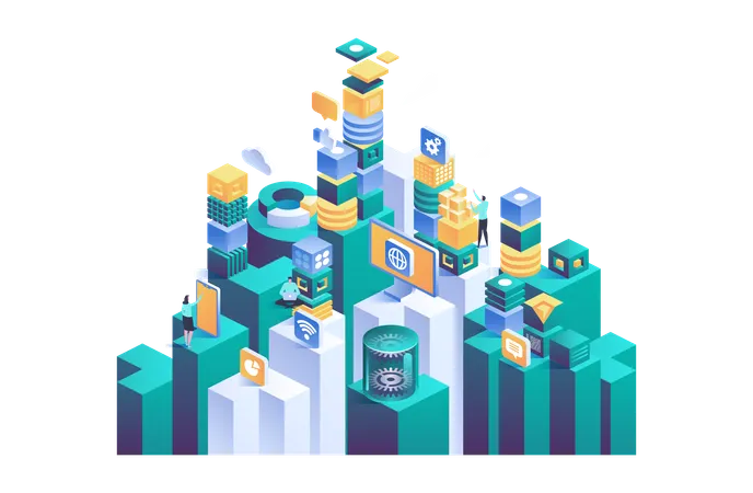 Abstract Technology Isometric Concept Of Data Network Management Blocks With Business Networking Servers Computers And Devices Cloud Storage Data And Synchronization Of Devices 일러스트레이션