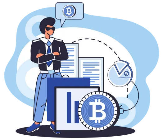 Concept Of Bitcoin Mining Blockchain Network Technology Initial Coin Offering And Cryptocurrency Man With Diagram Working In Bitcoin Mine Blockchain Transaction Technology Virtual Money Market Illustration