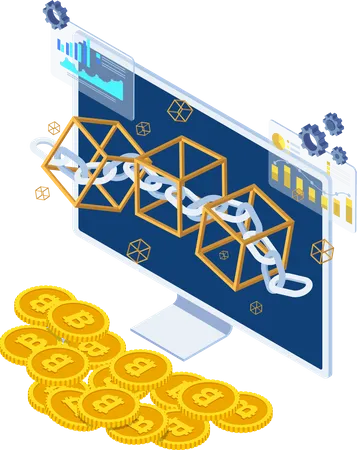 Flat 3 D Isometric Blockchain Symbol On Monitor And Bitcoin Blockchain Technology And Cryptocurrency Concept Illustration