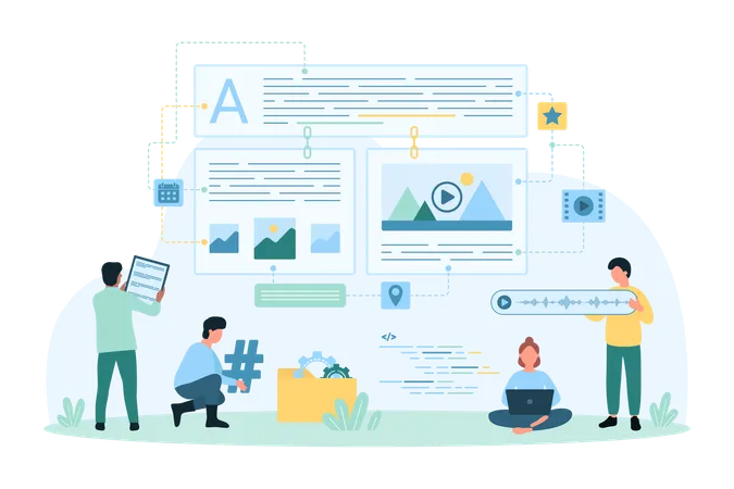 Blog Content Management And Creation Vector Illustration Cartoon Tiny People Update Information In Database With Website Service System Authors And Admins Manage Text Articles And Documents Online Illustration
