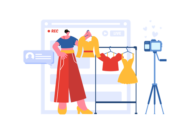 Influencer femenina haciendo blog de ropa.  Ilustración