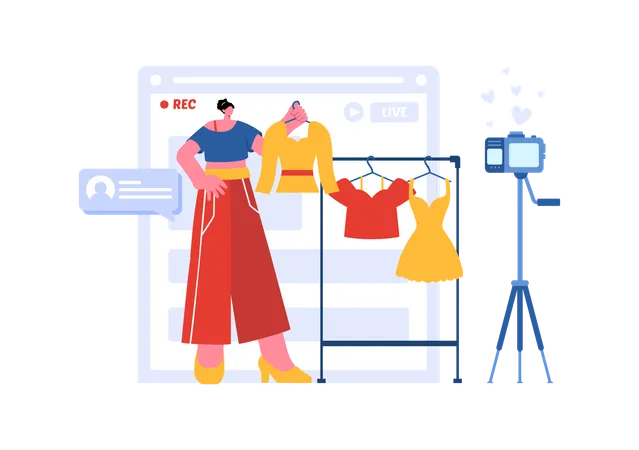 Influencer femenina haciendo blog de ropa.  Ilustración