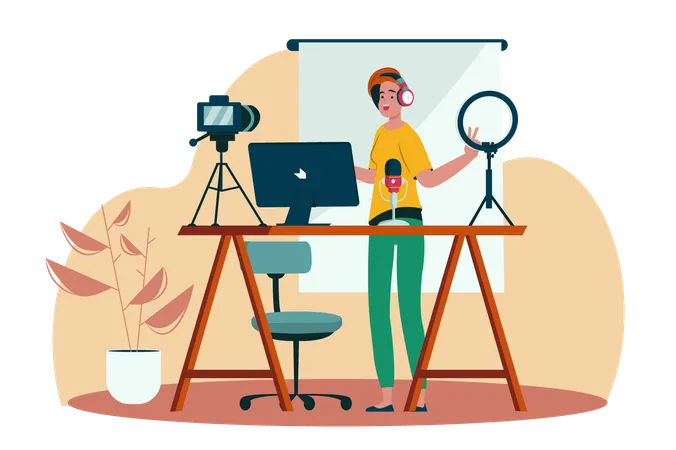 Blogger Yellow Concept With People Scene In The Flat Cartoon Style The Blogger Adjusts All The Gadgets To Record A Video For Her Followers Vector Illustration Illustration
