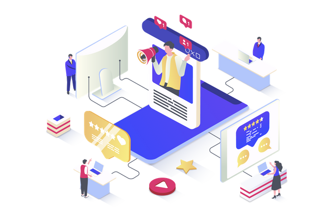 Blogger creando nuevo contenido en las redes sociales.  Illustration