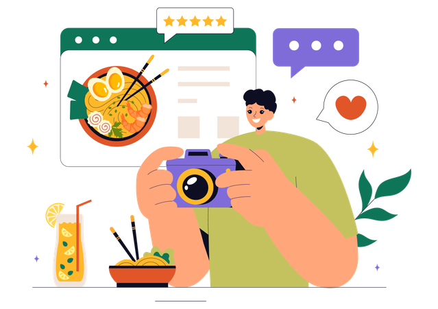 Blogger de comida haciendo clic en fotos de comida  Ilustración