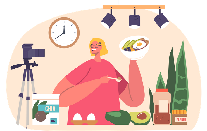 Bloguera gastronómica mostrando habilidades culinarias  Ilustración