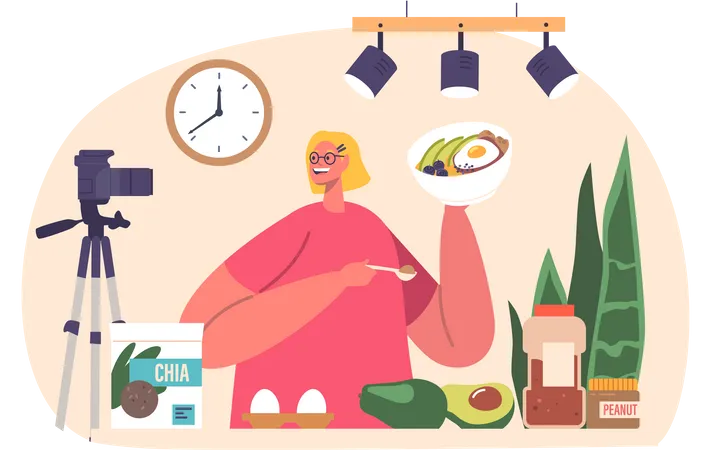 Bloguera gastronómica mostrando habilidades culinarias  Ilustración