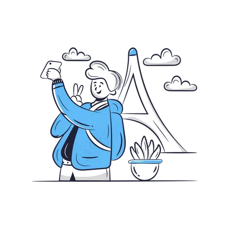 Blogger de viajes tomándose selfie con la torre Eiffel  Ilustración