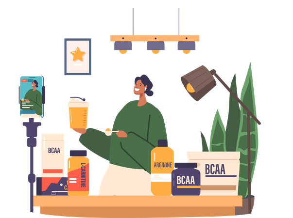 Blogger Female Character Promotes Sports Nutrition Products On Camera  Illustration