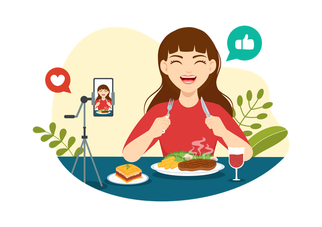 Blogger grabando vídeo de comida  Ilustración