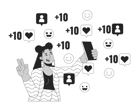 Blogger Posing On Smartphone Camera For Followers Black And White 2 D Line Cartoon Character Latina Woman Victory Fingers Isolated Vector Outline Person Gen Z Monochromatic Flat Spot Illustration Illustration