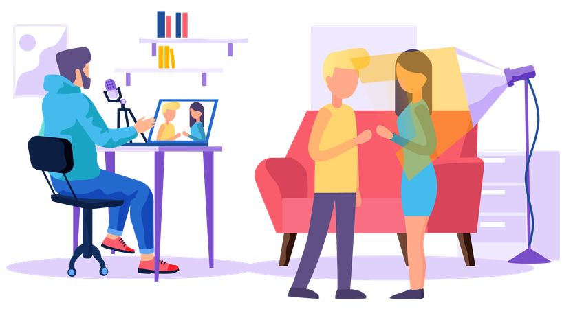 Blogger recording interview with young couple with microphone  Illustration