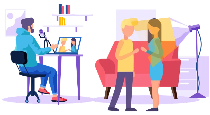 Blogger recording interview with young couple with microphone  Illustration