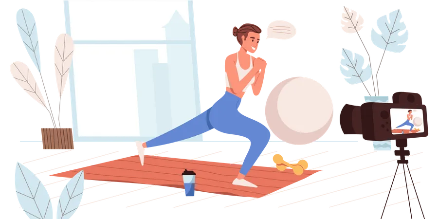 Blogging Concept In Flat Design Blogger Recording Workout At Home Fitness Trainer Doing Exercises And Streaming In Blog Video Content Creation Social Network People Scene Vector Illustration Illustration