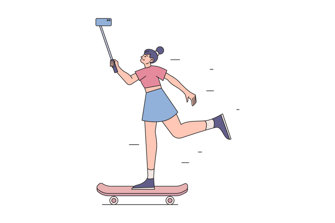 Blogger Woman Recording Video With mobile while skating board  Illustration