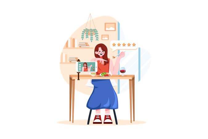 Blogger Woman Trying Food And Making Review  Illustration