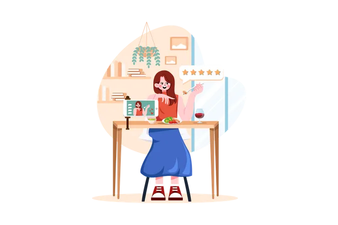 Blogger Woman Trying Food And Making Review  Illustration