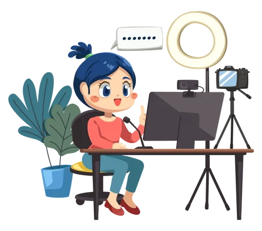 Set Of Lovely Blogger Woman Use Laptop And Desktop Computer Working From Home In Cartoon Character And Difference Emotion Isolated Vector Illustration Illustration