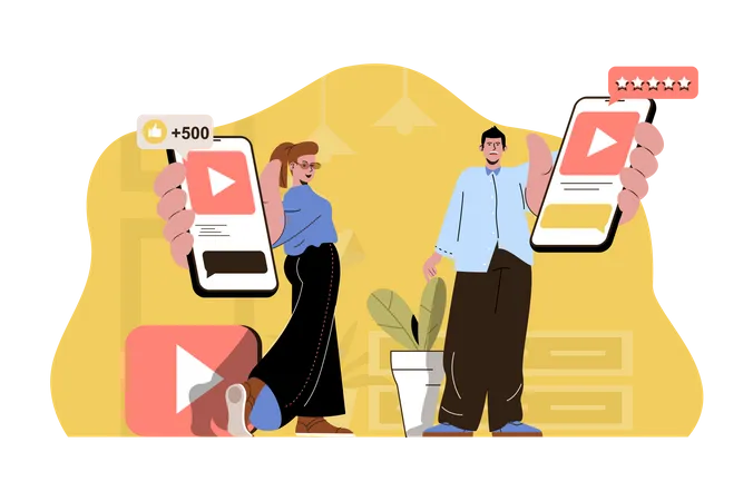 Popular Content Concept Bloggers Hold Smartphones With Popular Videos Situation Followers Likes And Comments People Scene Vector Illustration With Flat Character Design For Website And Mobile Site Illustration