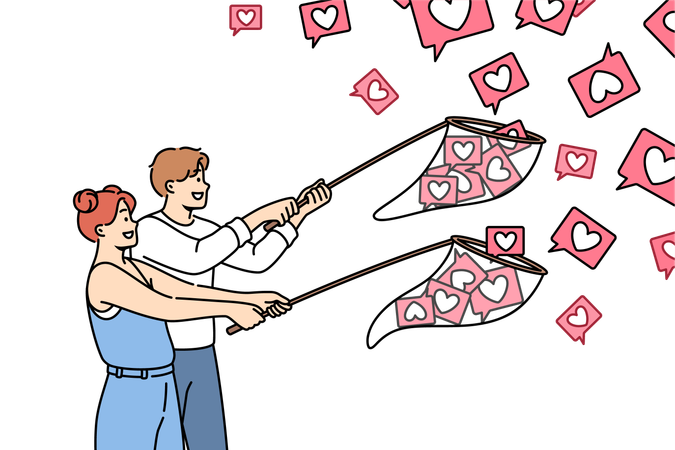 Bloggers catch likes from subscribers using butterfly nets and wanting to be popular on internet  Illustration
