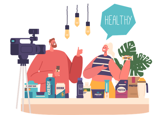 Bloggers Couple Characters Promotes Sports Nutrition Products On Camera  Illustration