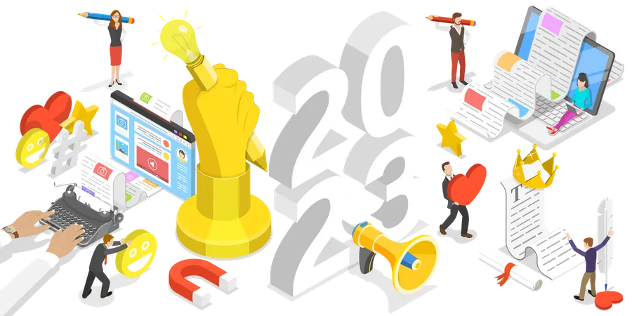 3 D Isometric Flat Vector Conceptual Illustration Of New Year 2023 Blogging Trends Commercial Blog Posting Illustration