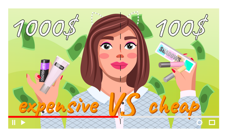 Blogger de beleza jovem mostrando diferença entre cosméticos caros e baratos  Ilustração