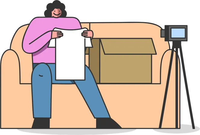 Blogueira feminina desempacotando e revisando roupas compradas  Ilustração