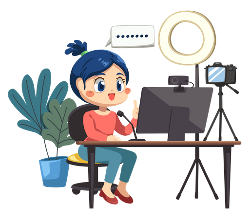 Mulher blogueira usa laptop  Ilustração