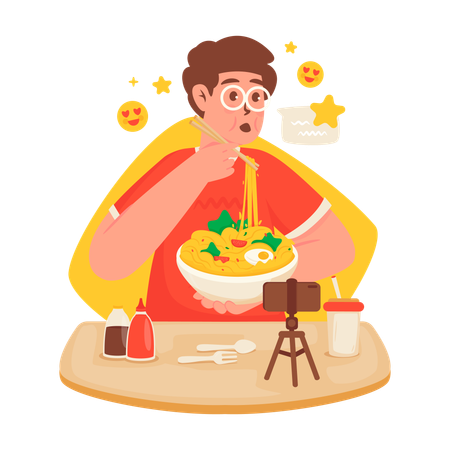 Blogueira de culinária comendo macarrão  Ilustração