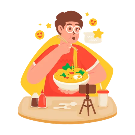 Blogueira de culinária comendo macarrão  Ilustração