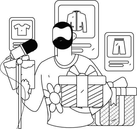 Blogueiro de moda masculina blogando sobre roupas  Ilustração