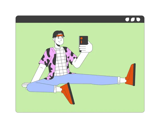 Blogger Asiatico Com Personagem De Desenho Animado Linear 2 D On Line De Smartphone Homem Japones Feliz Conduzindo Streaming De Linha Isolada Vetor Pessoa Fundo Branco Ilustracao De Ponto Plano Colorido De Midia Social Ilustração