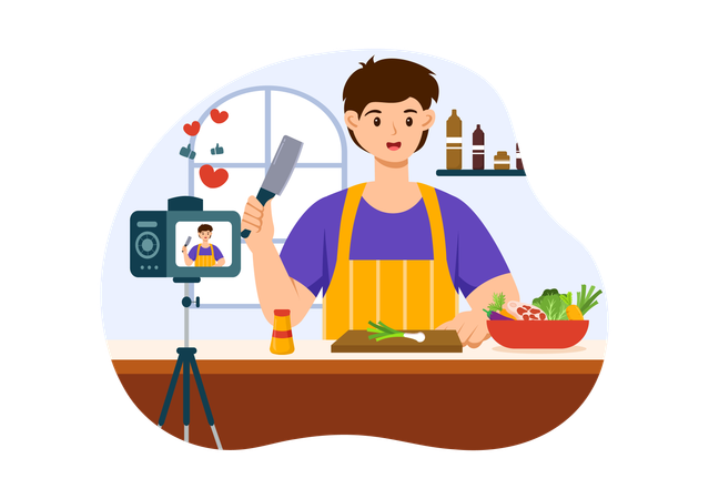 Blogger masculino gravando blog de culinária  Ilustração