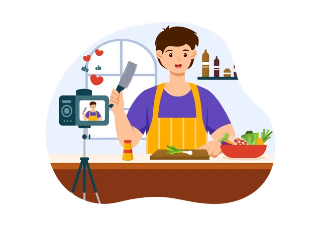 Blogger masculino gravando blog de culinária  Ilustração