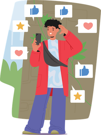 Une blogueuse adolescente branchée prend un selfie pour le partager sur les réseaux sociaux  Illustration