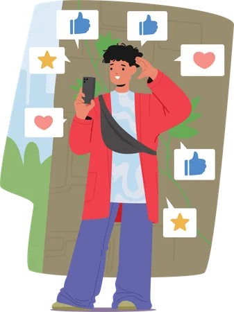 Une blogueuse adolescente branchée prend un selfie pour le partager sur les réseaux sociaux  Illustration