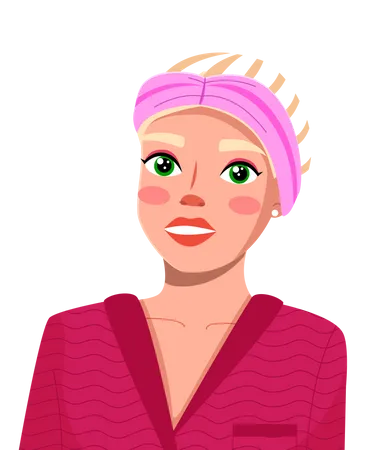 Blogueuse beauté féminine portant un bandeau rose et un peignoir rouge  Illustration
