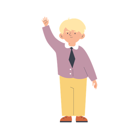 Blonde boy student wearing tie wave hello or raising hand to answer a question  Illustration