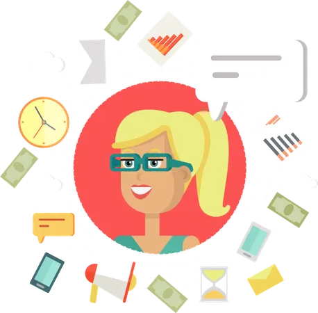 Creative Office Background Businesswoman Icon With Bubble Avatars Of Woman With Devices For Communication Smiling Young Female Personage In Flat On Green Background Vector Illustration Illustration