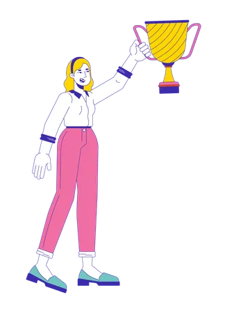 Blonde Caucasian Woman Raising Up Cup 2 D Linear Cartoon Character Happy European Female Winner With Prize Isolated Line Vector Person White Background Victory Color Flat Spot Illustration Illustration