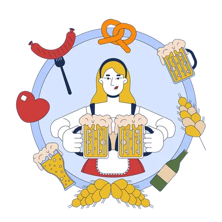 Blonde deutsche Kellnerin mit Bierkrügen im Rahmen  Illustration